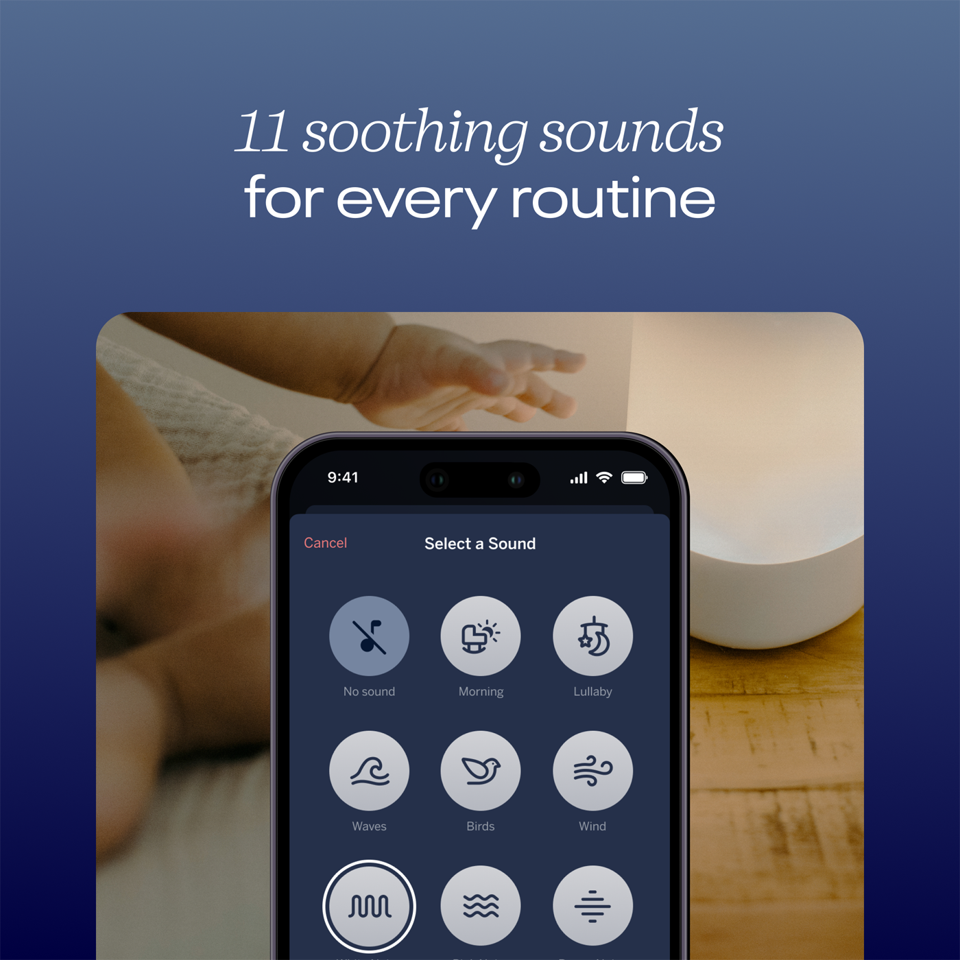 11 soothing sounds for every routine - showing screenshot of selecting sound on Sound + Light app