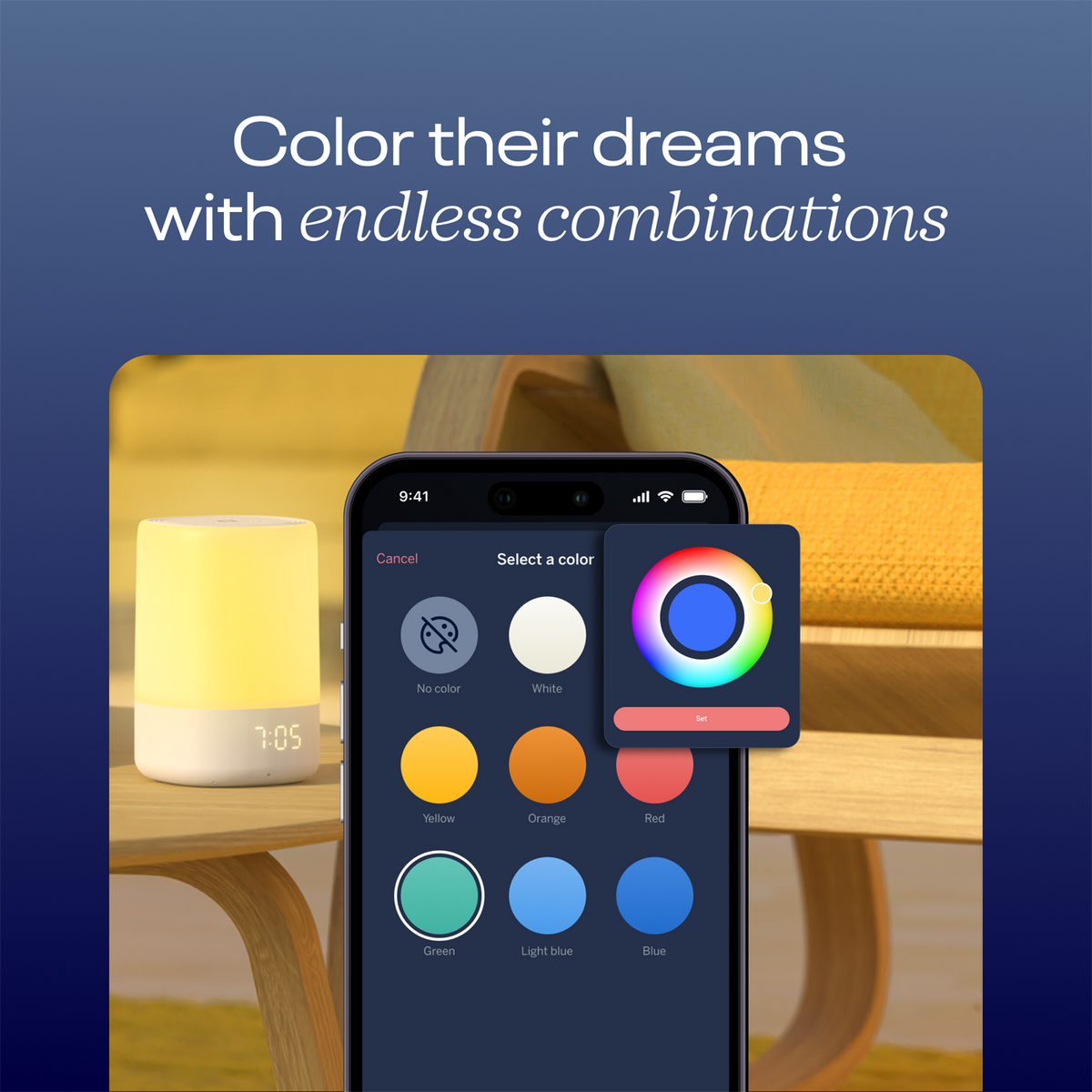 #alt_Color their dreams
with endless combinations - showing different color selection on Sound +Light app with Sound + Light Machine on the background