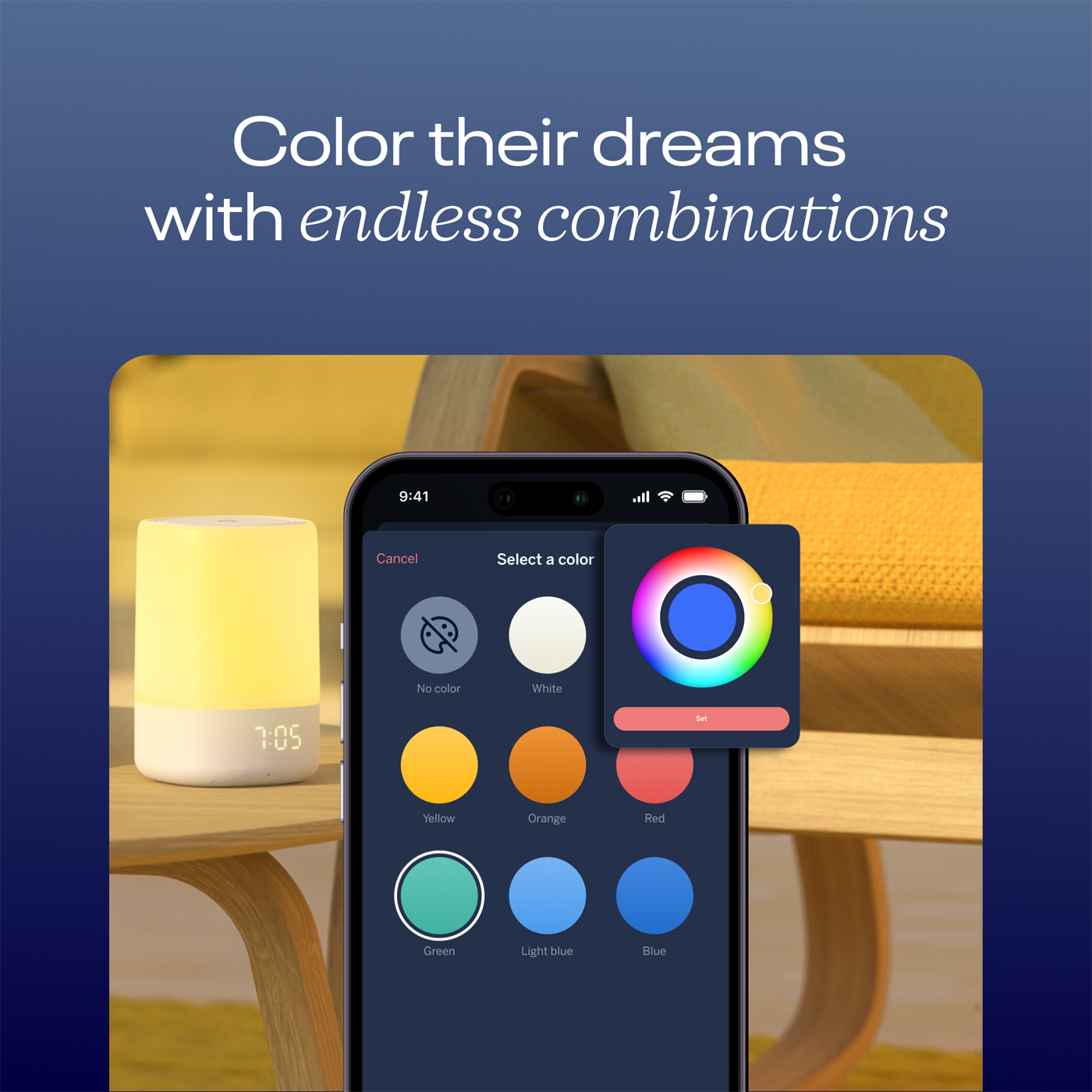 Color their dreams
with endless combinations - showing different color selection on Sound +Light app with Sound + Light Machine on the background