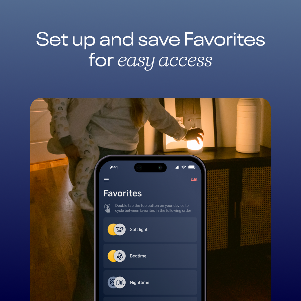 #alt_Set up and save favorites for easy access - showing favorites screen on sound + light app