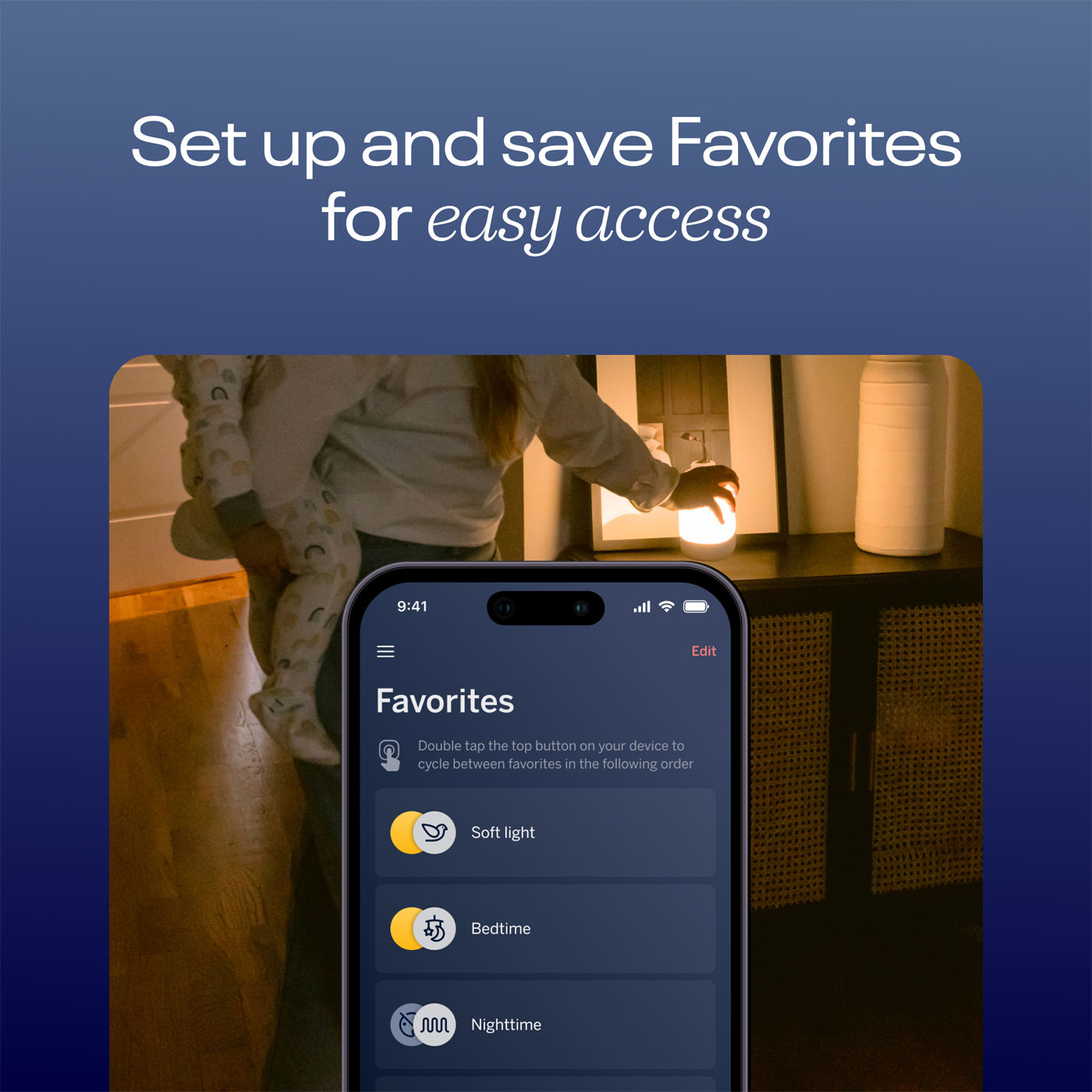 Set up and save favorites for easy access - showing favorites screen on sound + light app