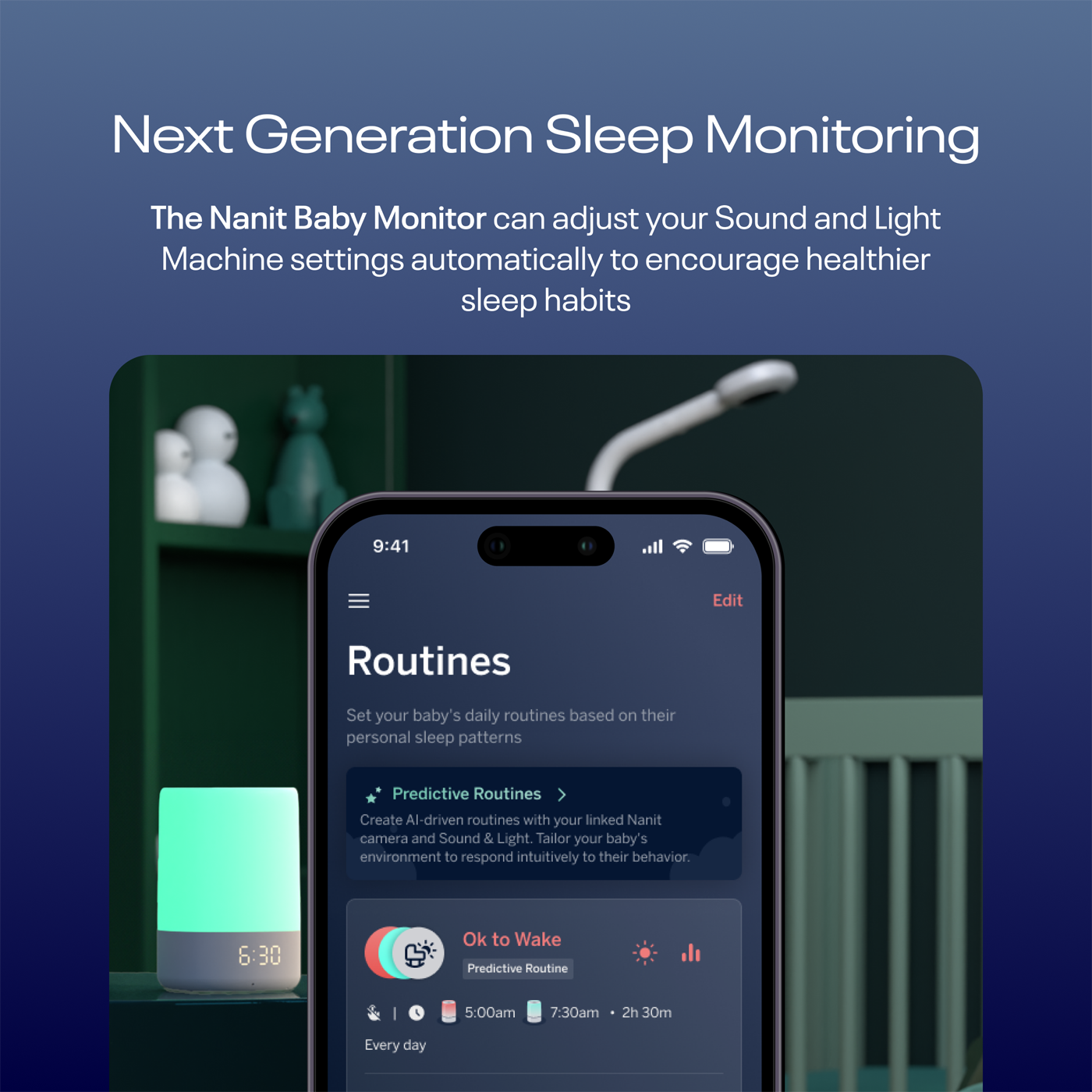 Next Generation Sleep Monitoring - The Nanit Baby Monitor can adjust your Sound and Light Machine settings automatically to encourage healthier
sleep habits
