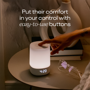 Put their comfort  in your control with  easy-to-use buttons - sound + light on table with someone pressing the button on top