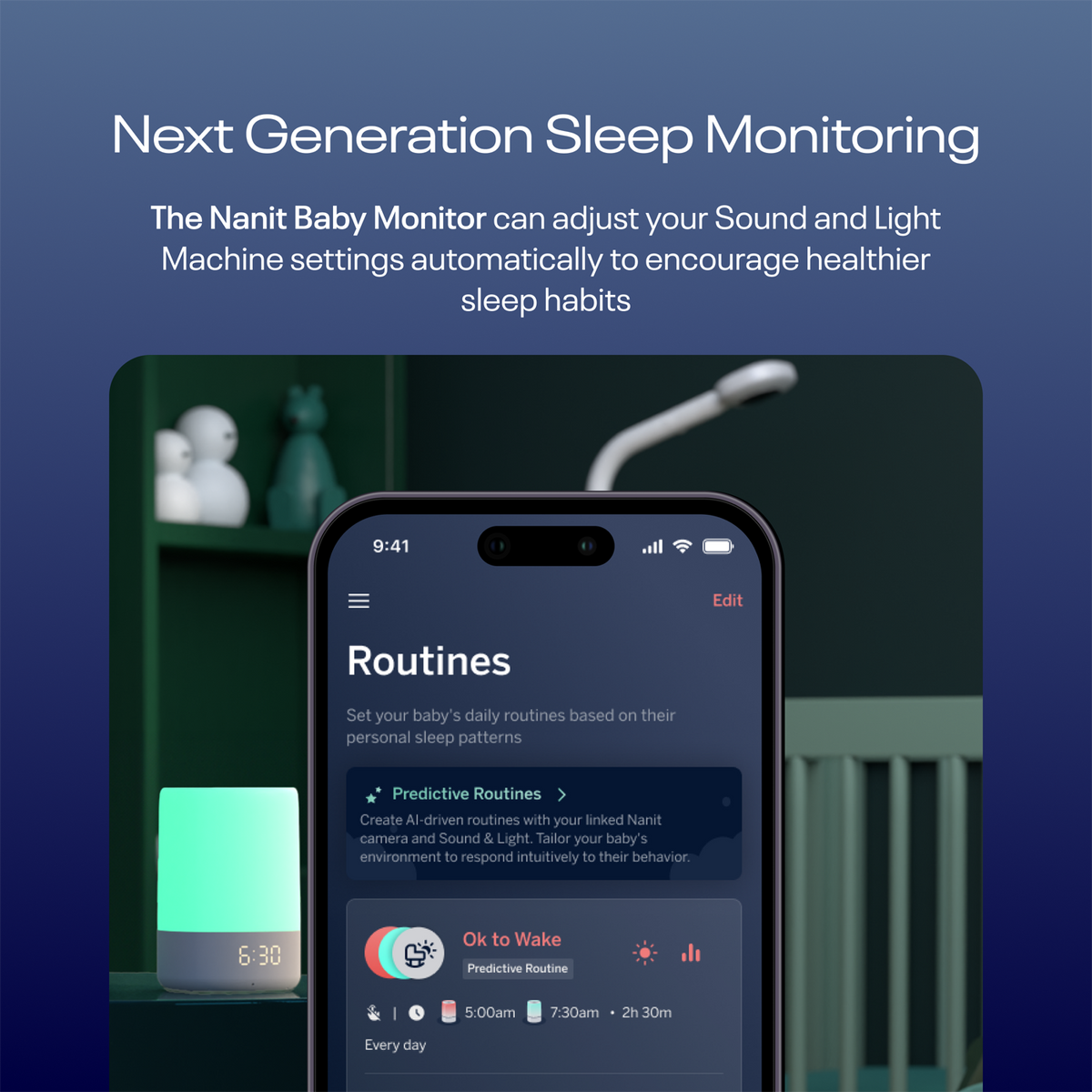 #alt_Next Generation Sleep Monitoring - The Nanit Baby Monitor can adjust your Sound and Light Machine settings automatically to encourage healthier sleep habits