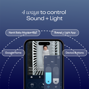 4 ways to control sound + light - Google Home, Nanit Baby Monitor app, Sound + Light app, Device Buttons
